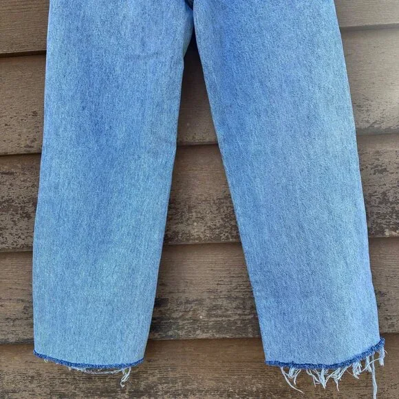 Distressed Blue Denim Jeans W/ Rhinestone Trim & Raw Hem For Women - Picture 11 of 14